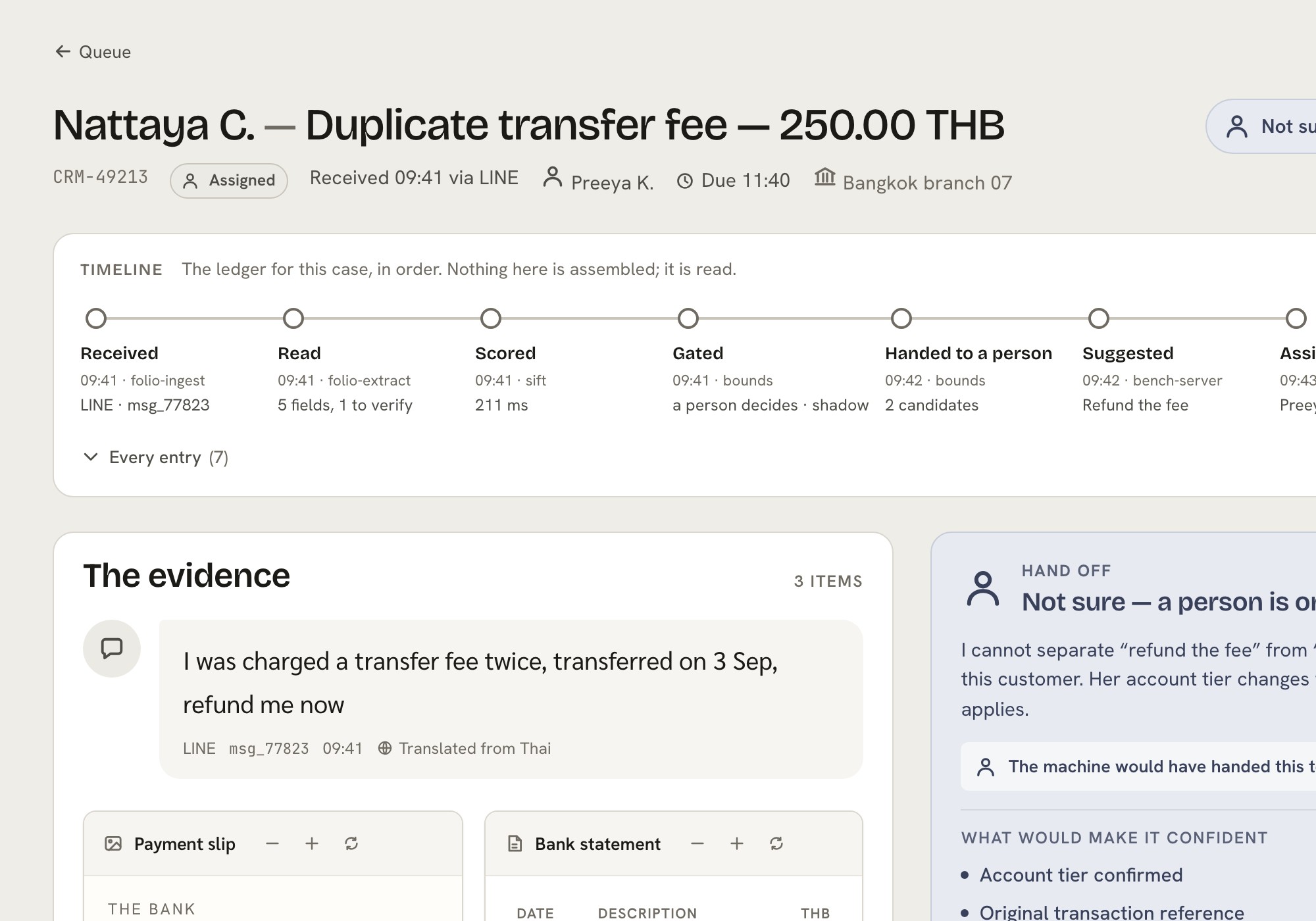 The REMIT case screen for a banking complaint: a LINE message, the payment slip and the statement read into a case record, and the hand-off to a case officer.